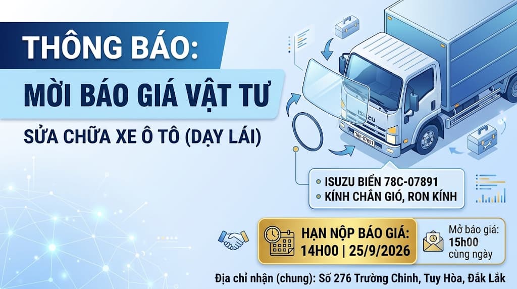 Mời báo giá vật tư sửa chữa xe ô tô phục vụ dạy lái (Cơ sở Tuy Hòa)